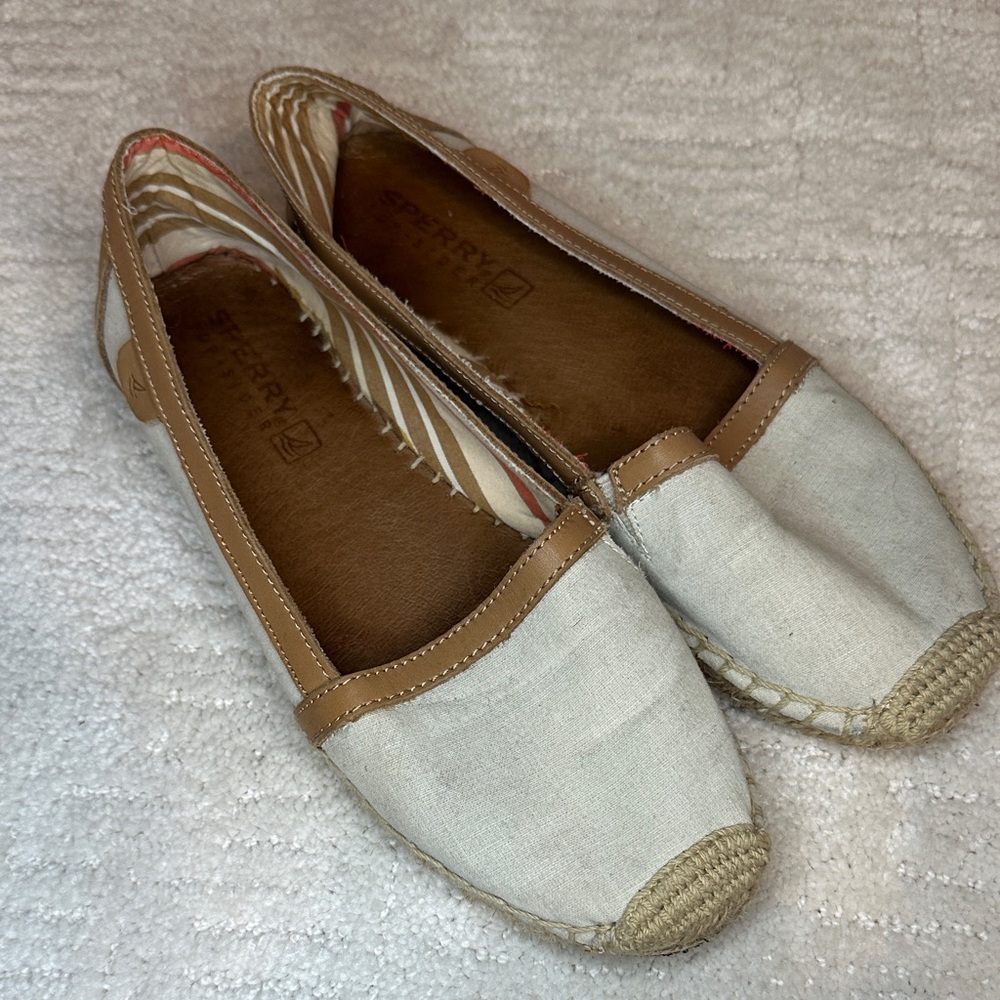 Sperry Women's Cream Canvas Espadrille Flats with Tan Trim